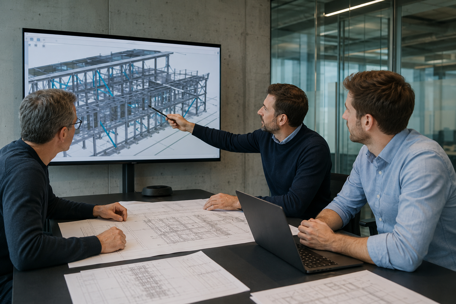 Fachplaner besprechen ein Stahlbau-BIM-Modell am Großbildschirm