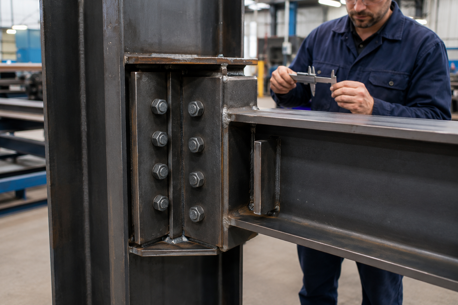 Stahlbau-Anschlussdetail mit Schrauben und Messschieber in der Werkstatt