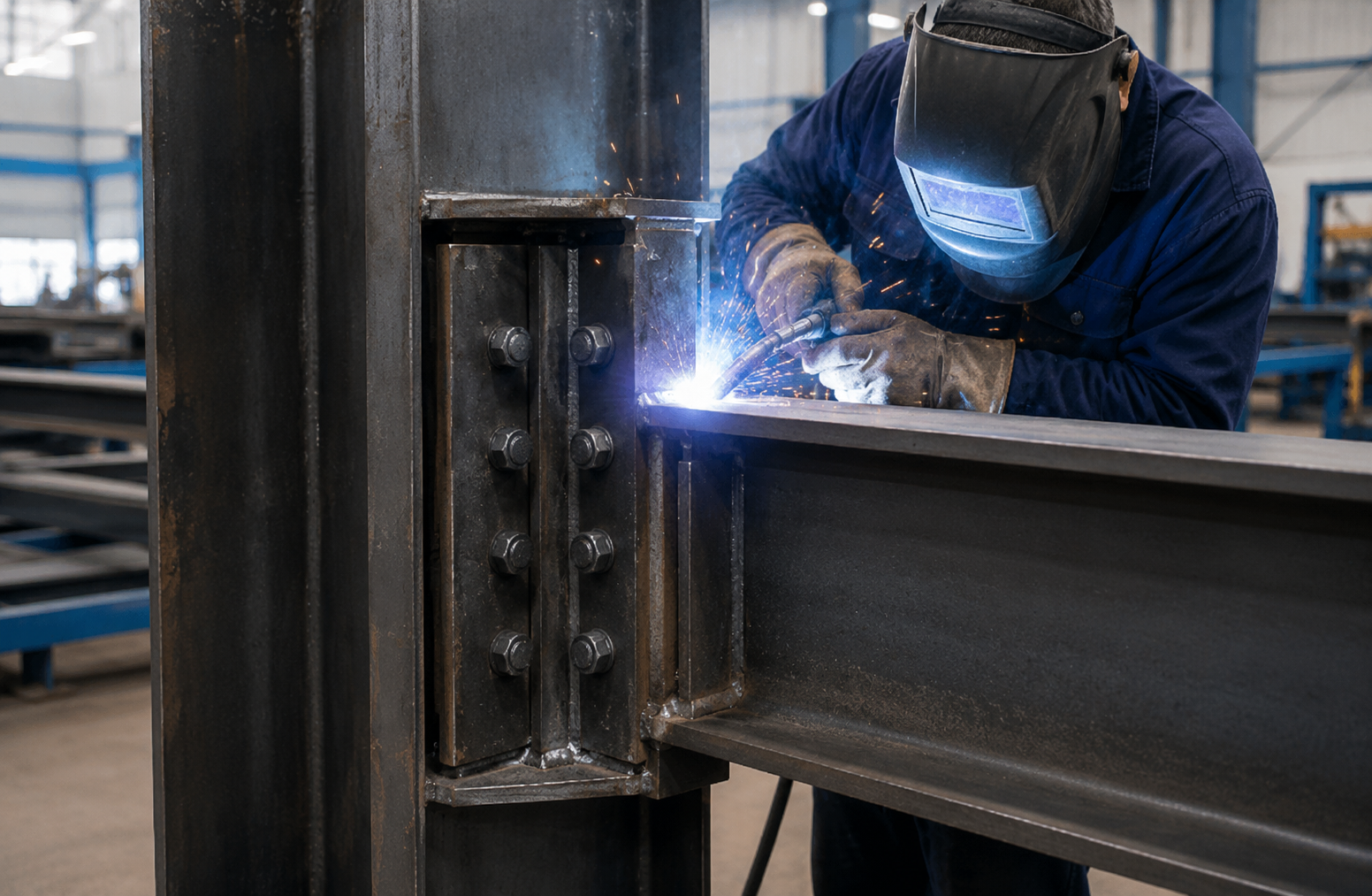 Schweißer fertigt ein Stahlbauteil in der Werkstatt