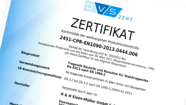 Werkseigene Produktionskontrolle nach DIN EN 1090 — Zertifikat der H&H Eisen-Müller GmbH & Co. KG