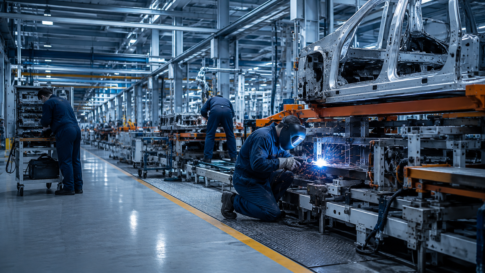 Industrieservice: Fachkräfte an einer automatisierten Fertigungslinie in der Automobilindustrie