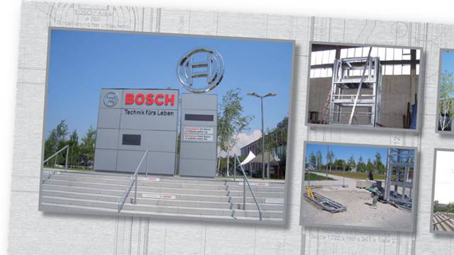 Stahlbau-Referenz Bosch: Unterkonstruktion einer großen Werbeanlage aus Stahl, gefertigt und montiert von H&H Eisen-Müller