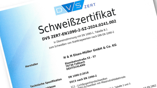 Schweißzertifikat nach DIN EN 1090 — Zertifikat der H&H Eisen-Müller GmbH & Co. KG