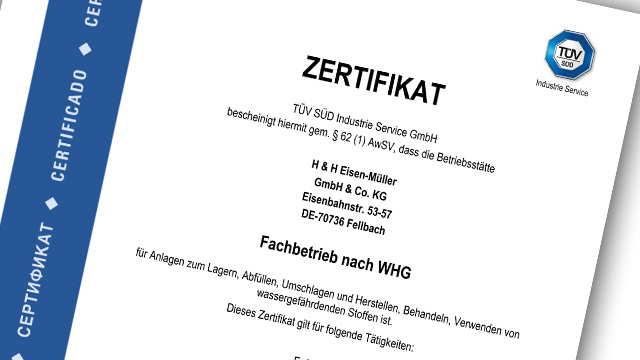 Fachbetrieb nach WHG — Zertifikat der H&H Eisen-Müller GmbH & Co. KG